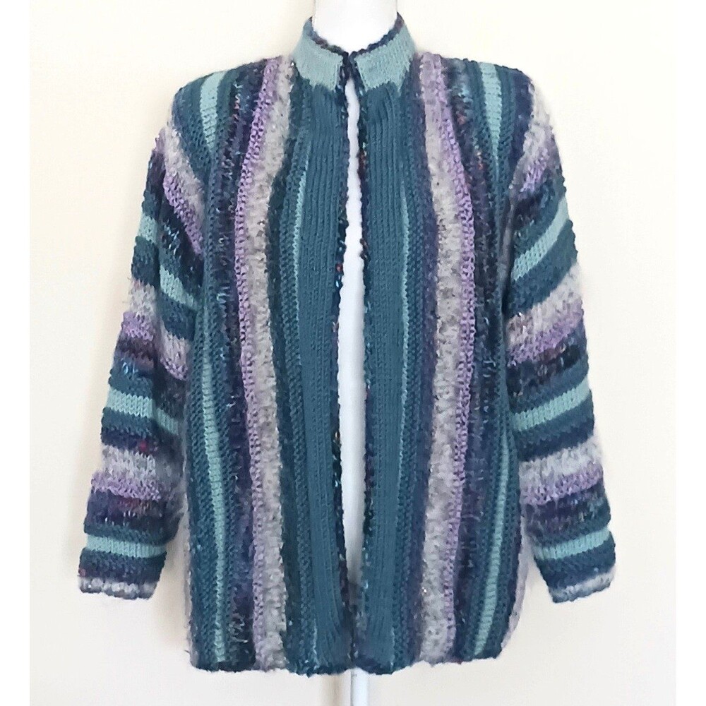 VTG Mohair Hand Knit Cardigan Jacket Teal Multi Stripes Pockets Sz XL